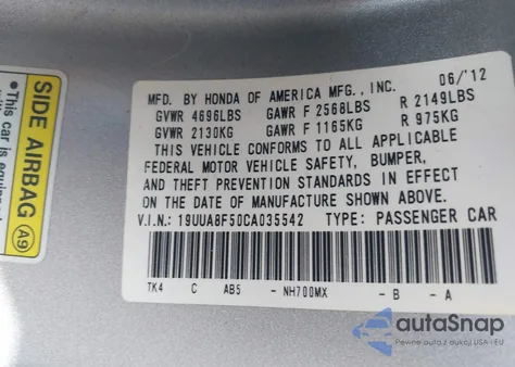 2012 Acura Tl 3.5 z USA, uszkodzony, nr VIN 19UUA8F50CA035542